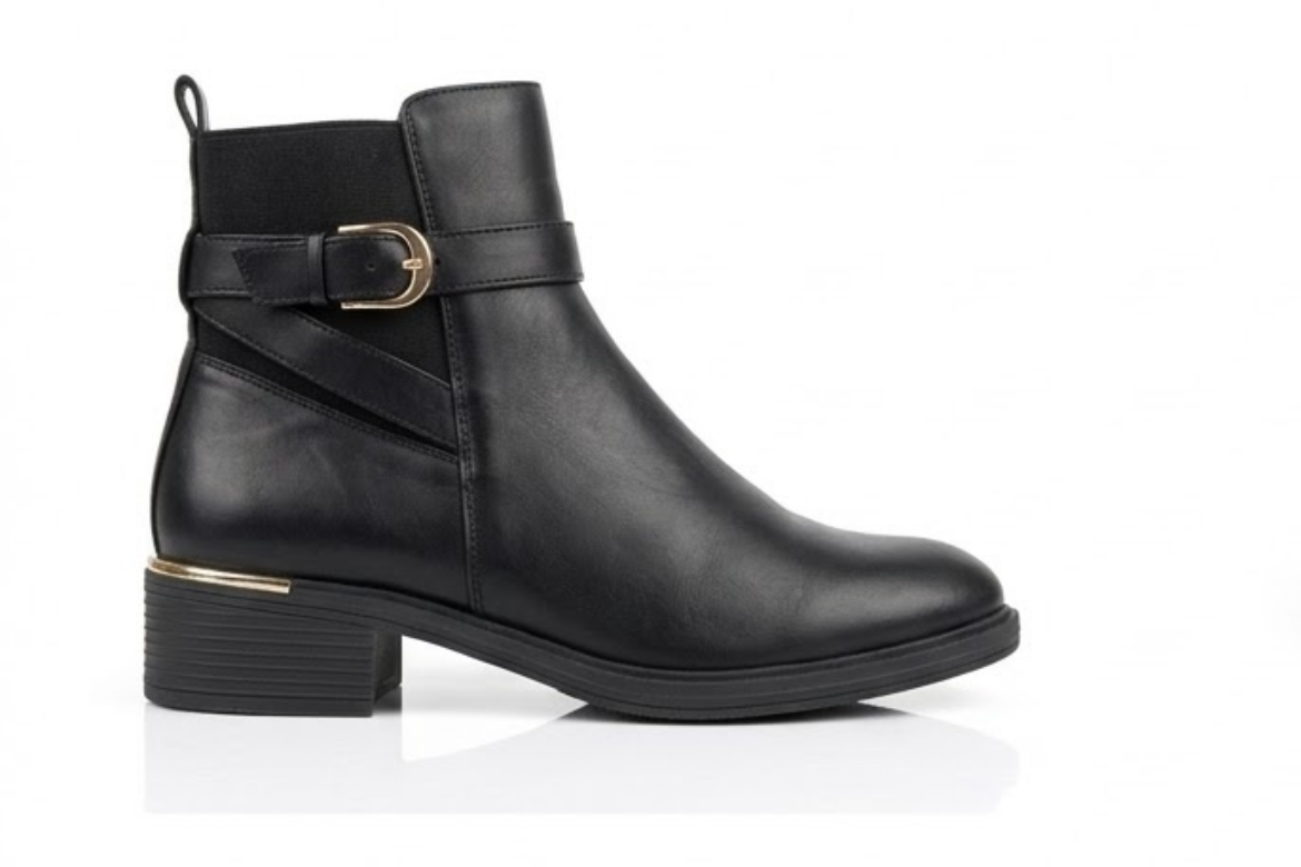 Papaya Black Ankle Boots with Buckle Strap and Gold Trim