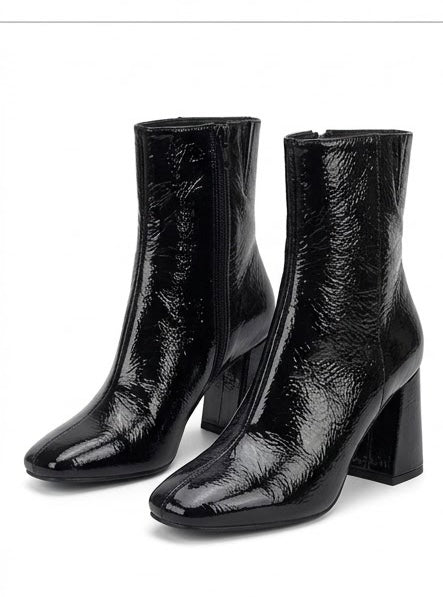 Next Black High-Shine Square Toe Block Heel Ankle Boots
