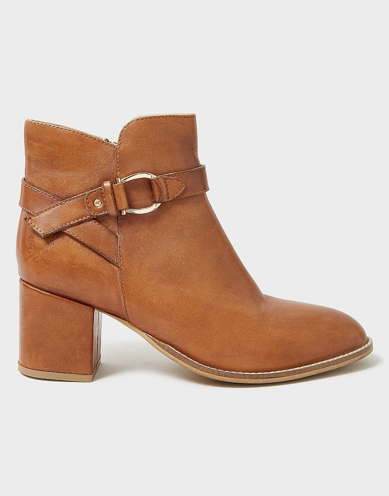 Tan Block Heel Ankle Boots with Buckle Strap