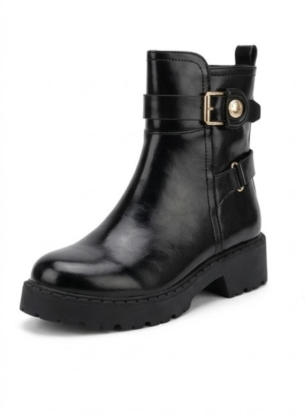 River Island Black High-Shine Chunky Ankle Boots with Gold Buckle