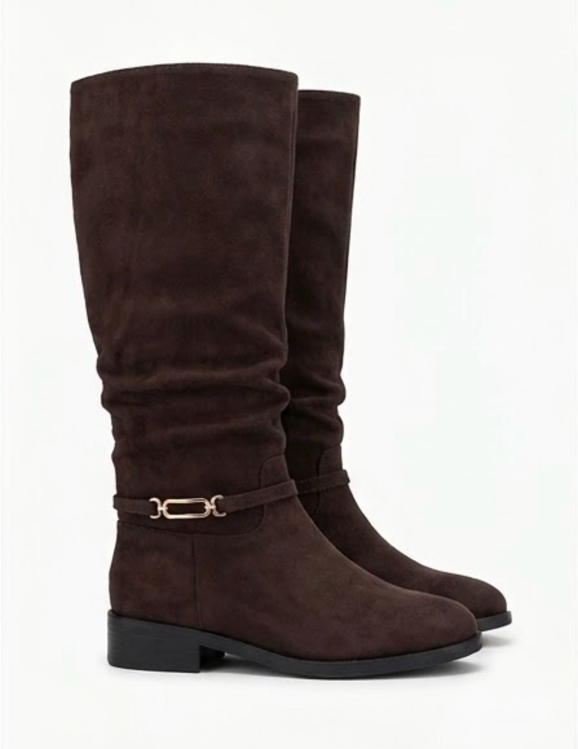 Primark Dark Brown Suede-Effect Slouch Knee-High Boots with Gold Buckle