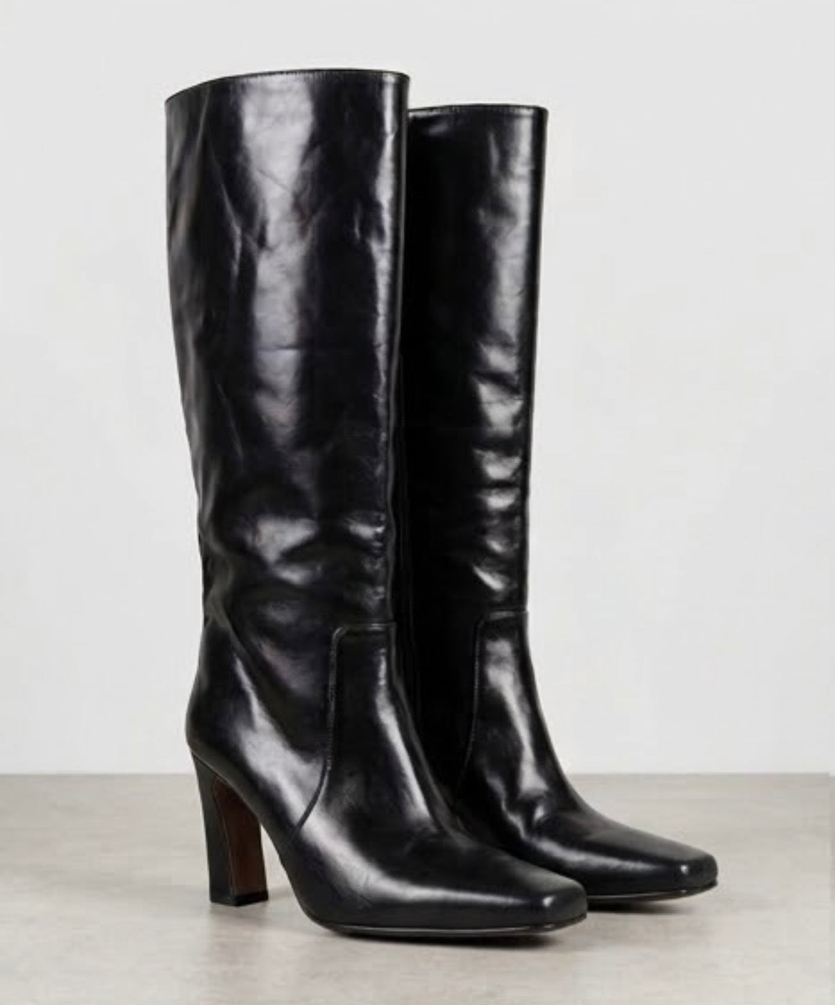 River Island Black Patent Square Toe Knee-High Block Heel Boots