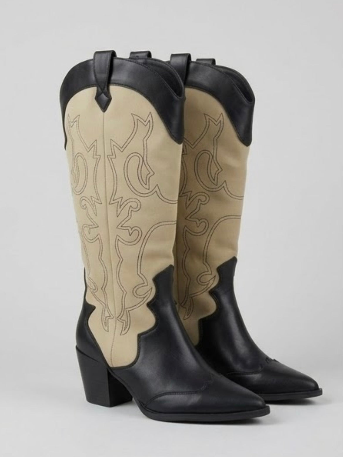 Primark Beige and Black Western Block Heel Knee-High Boots