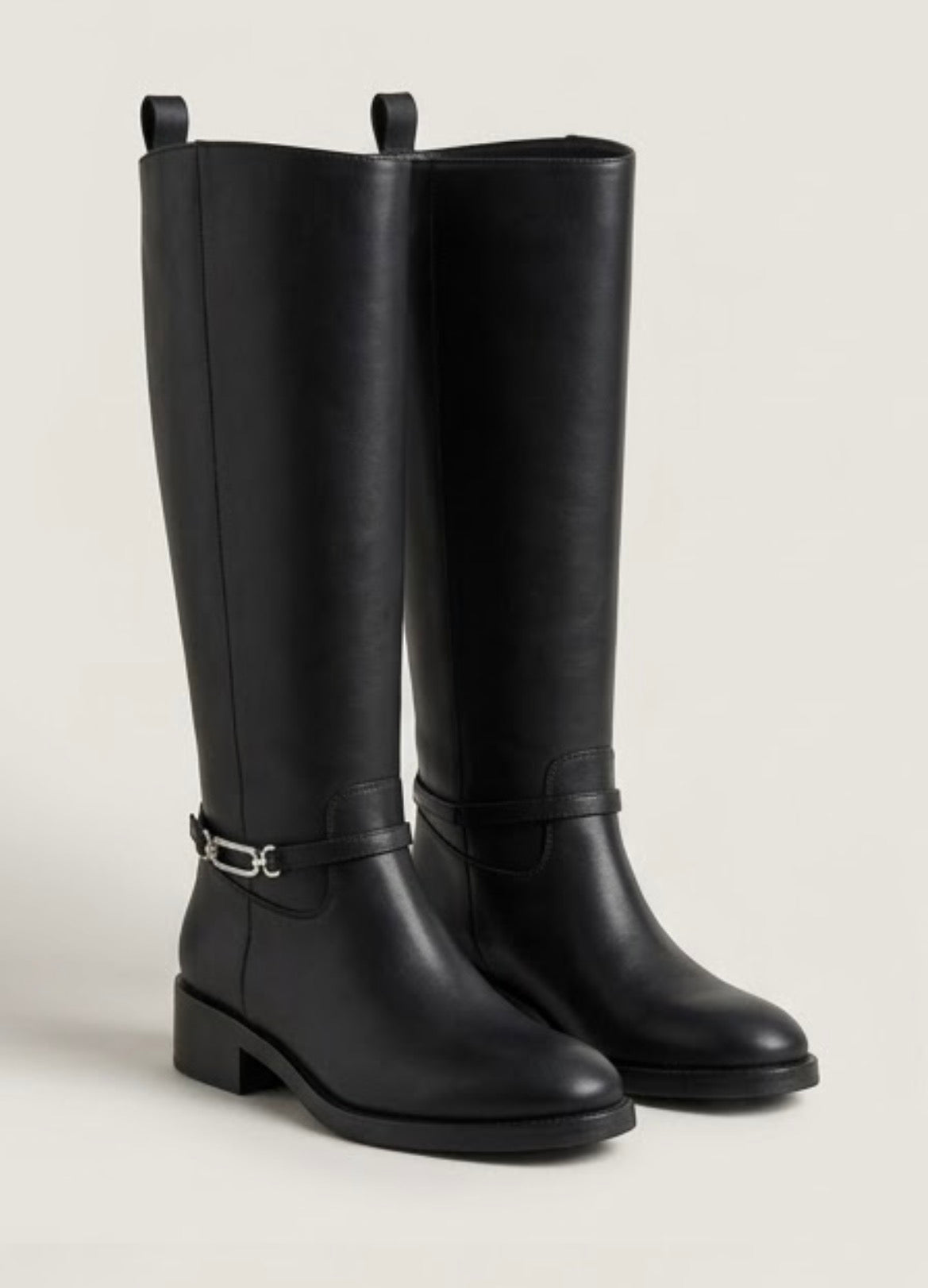 Primark Black Knee-High Riding Boots with Silver Link Strap
