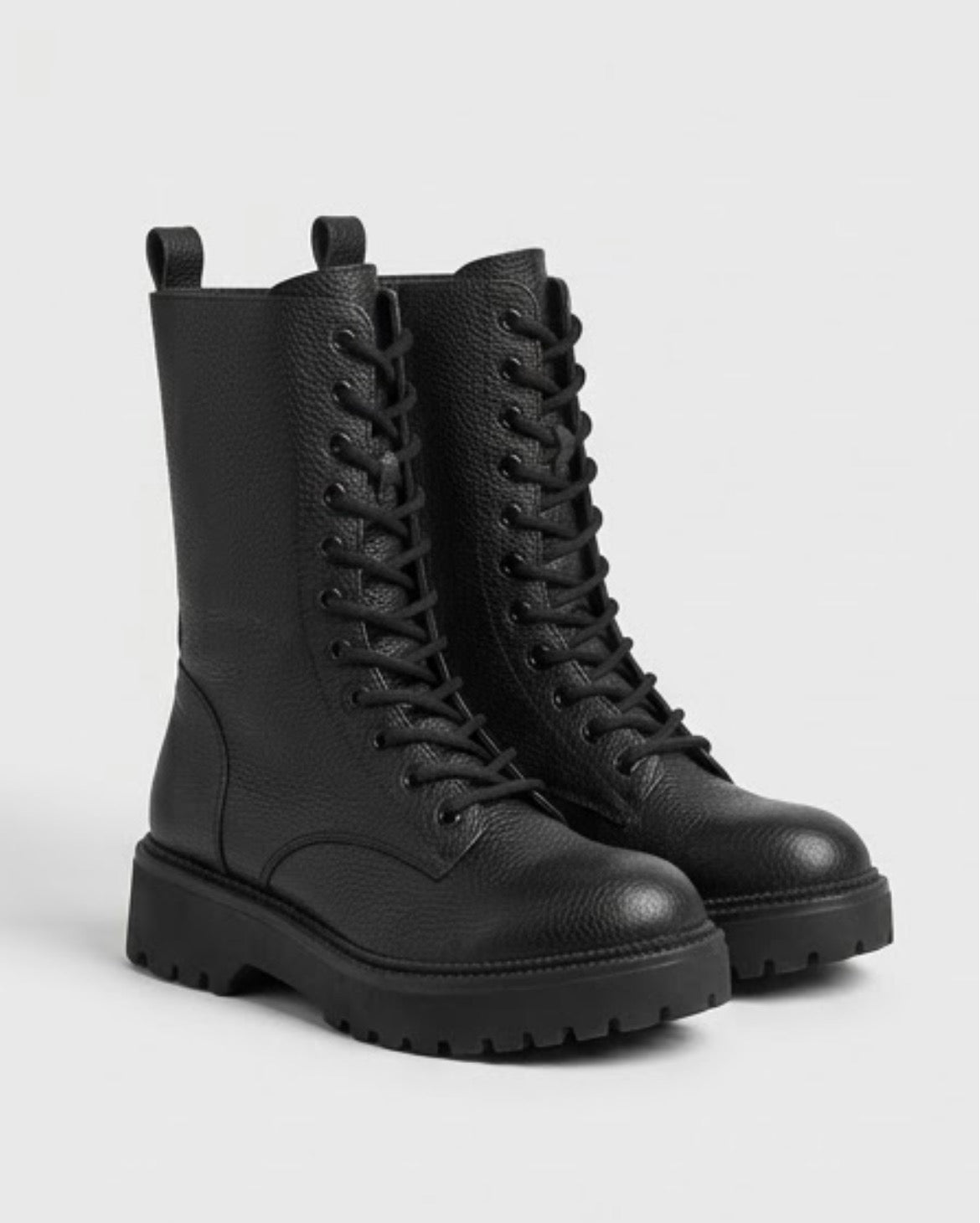 Primark Black Pebbled Lace-Up Chunky Mid-Calf Boots