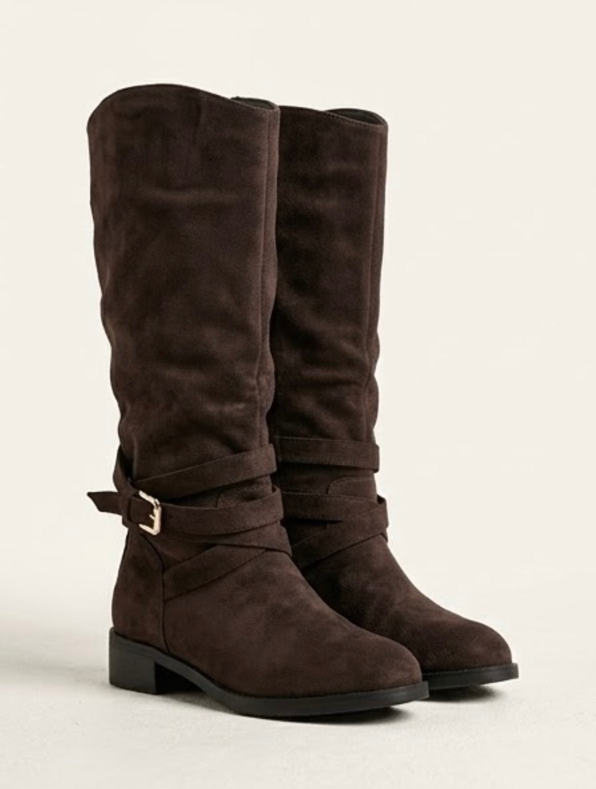 Oasis Brown Suede Knee-High Boots with Gold Buckle