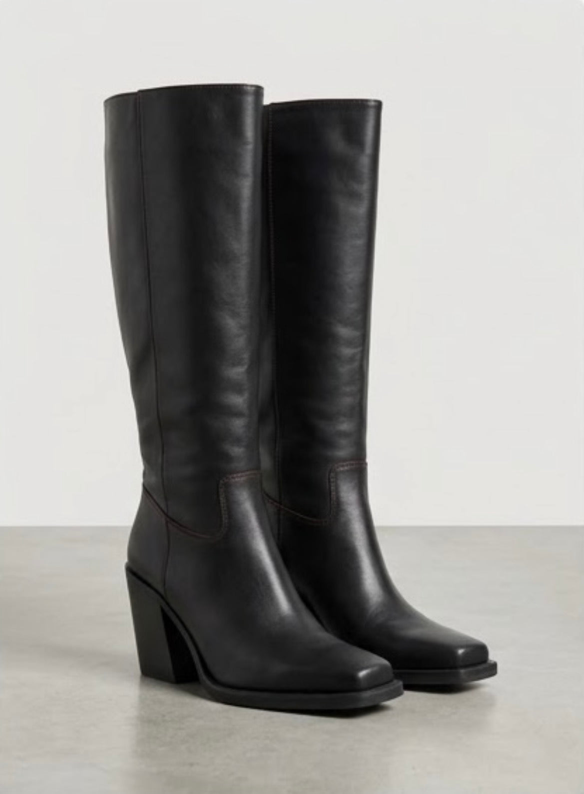 River Island Black Square Toe Knee-High Boots with Burgundy Stitching