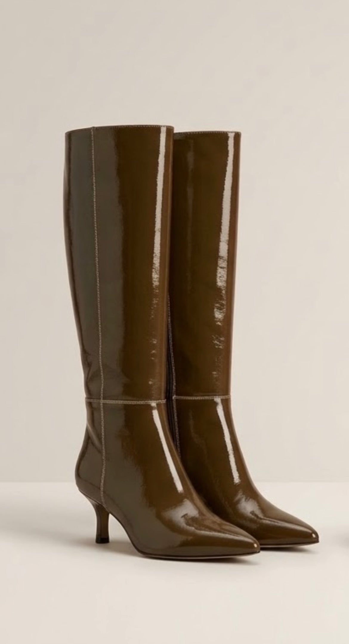 Pretty Little Thing Olive Patent Knee-High Kitten Heel Boots