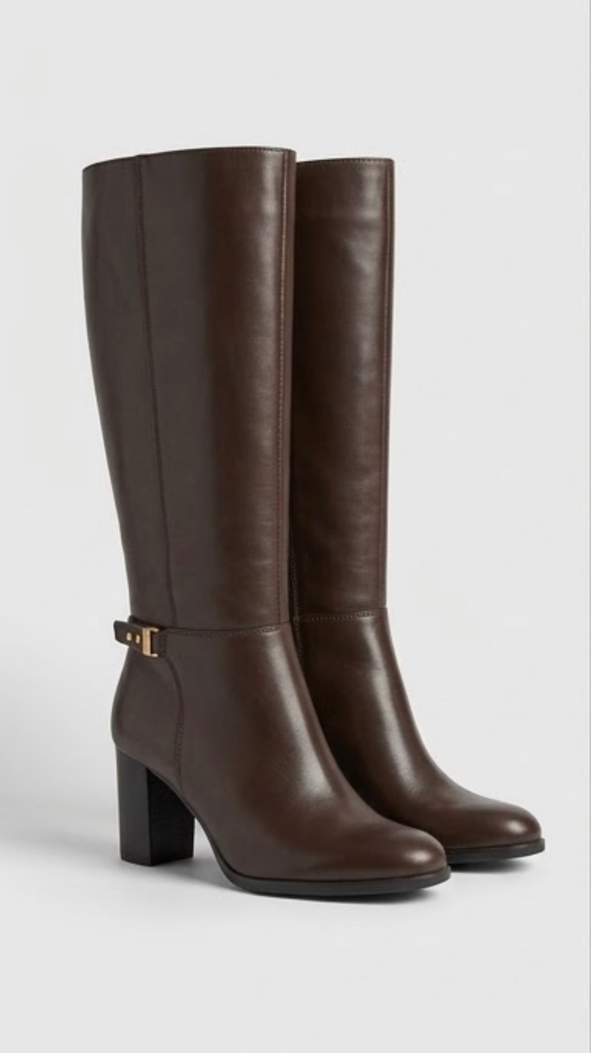 Primark Brown Knee-High Gold Buckle Block Heel Boots