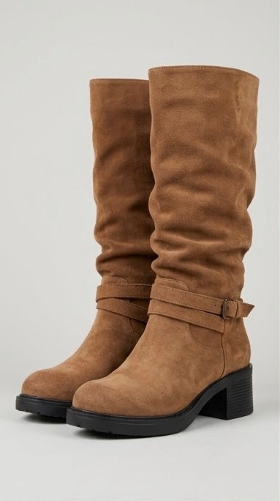 Pretty Little Thing Camel Suede-Effect Slouch Buckle Strap Boots