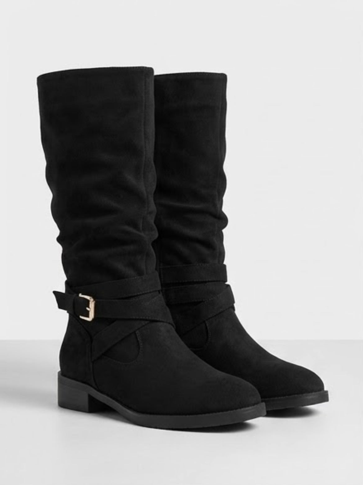 Oasis Black Suede-Effect Slouch Buckle Strap Boots