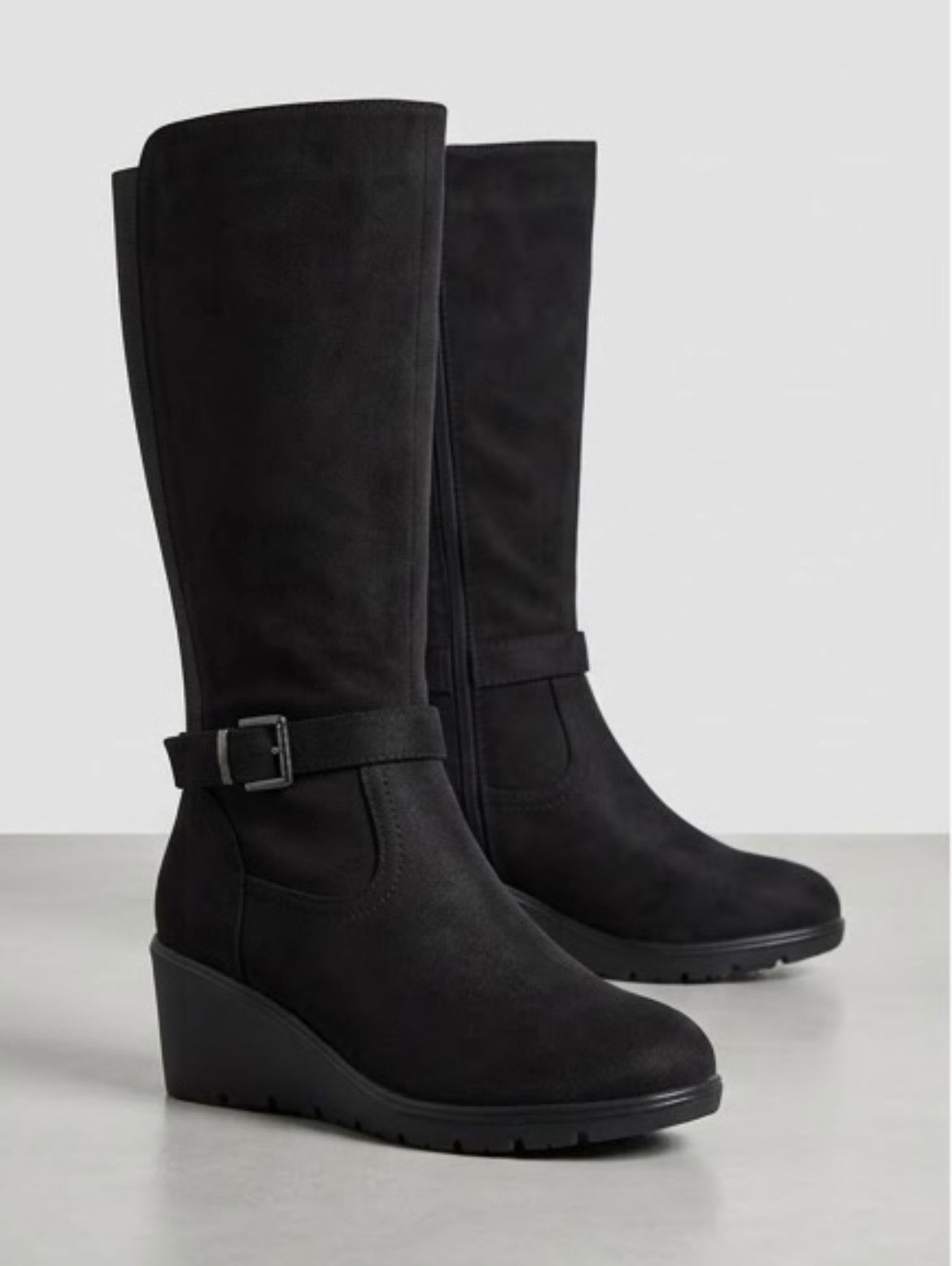 Good for the Sole Black Suede-Effect Knee-High Wedge Boots