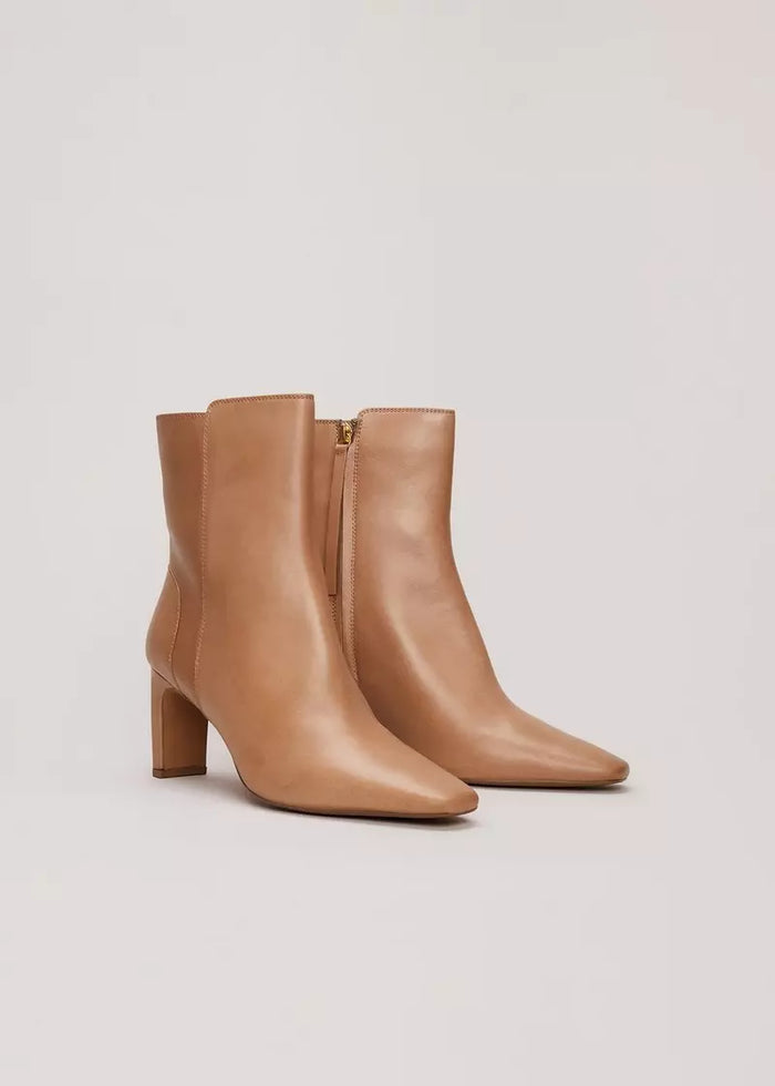 Phase Eight Tan Leather Pointed Toe Block Heel Ankle Boots