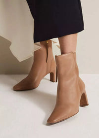Phase Eight Tan Leather Pointed Toe Block Heel Ankle Boots