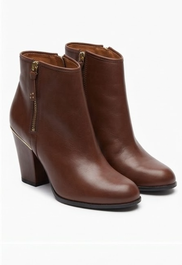 River Island Brown Block Heel Ankle Boots with Gold Trim
