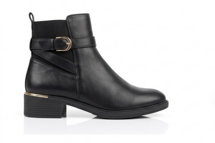 Papaya Black Ankle Boots with Buckle Strap and Gold Trim