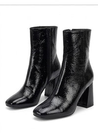 Next Black High-Shine Square Toe Block Heel Ankle Boots