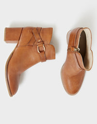 Tan Block Heel Ankle Boots with Buckle Strap