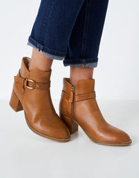 Tan Block Heel Ankle Boots with Buckle Strap