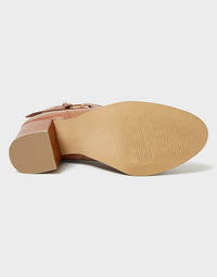 Tan Block Heel Ankle Boots with Buckle Strap
