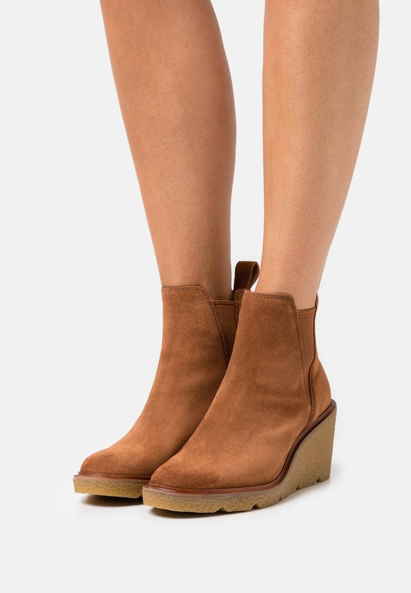 Clarks Cognac Suede Wedge Ankle Boots