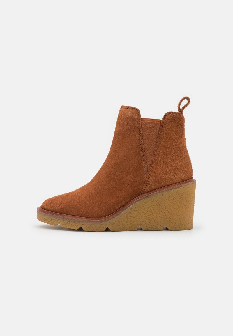 Clarks Cognac Suede Wedge Ankle Boots