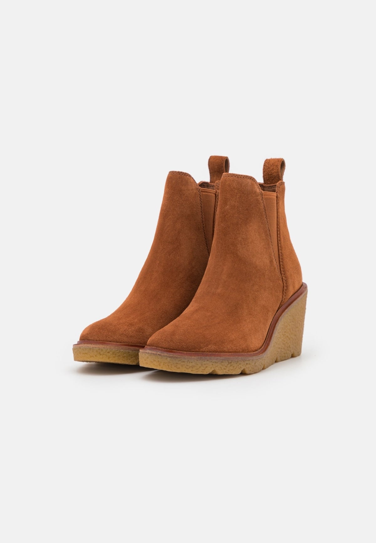 Clarks Cognac Suede Wedge Ankle Boots