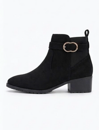 Papaya Black Suede-Effect Low Block Heel Ankle Boots with Buckle