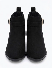 Papaya Black Suede-Effect Low Block Heel Ankle Boots with Buckle