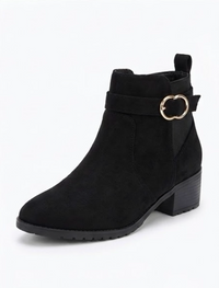 Papaya Black Suede-Effect Low Block Heel Ankle Boots with Buckle