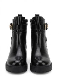 River Island Black High-Shine Chunky Ankle Boots with Gold Buckle