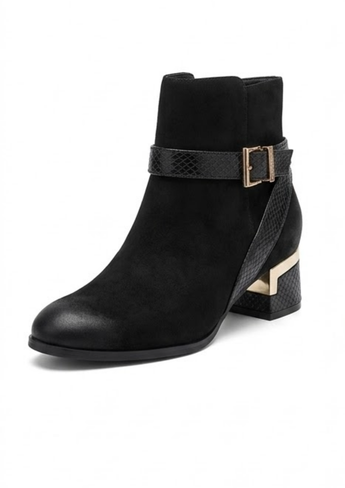 River Island Black Suede-Effect Block Heel Ankle Boots with Gold Trim