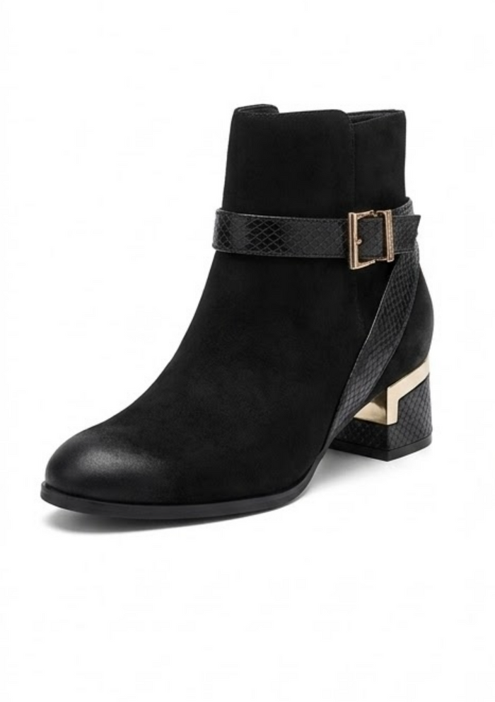 River Island Black Suede-Effect Block Heel Ankle Boots with Gold Trim