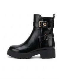 River Island Black High-Shine Chunky Ankle Boots with Gold Buckle