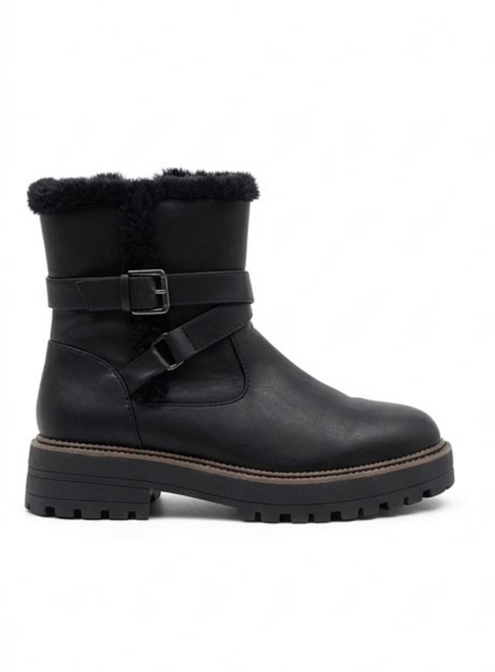 Soleflex Black Fur-Lined Ankle Boots with Buckle Straps