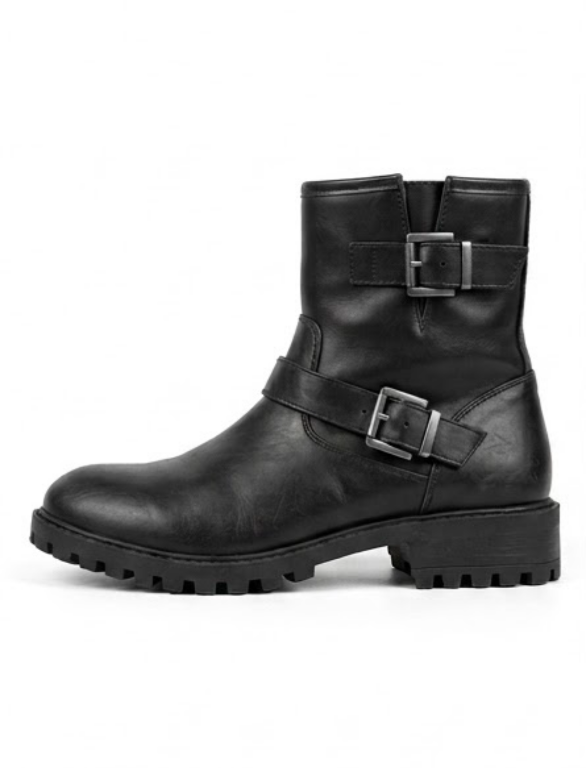 Papaya Black Biker Ankle Boots with Double Buckle