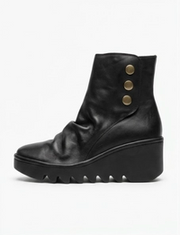 Fly London Black Leather Wedge Ankle Boots with Stud Detail