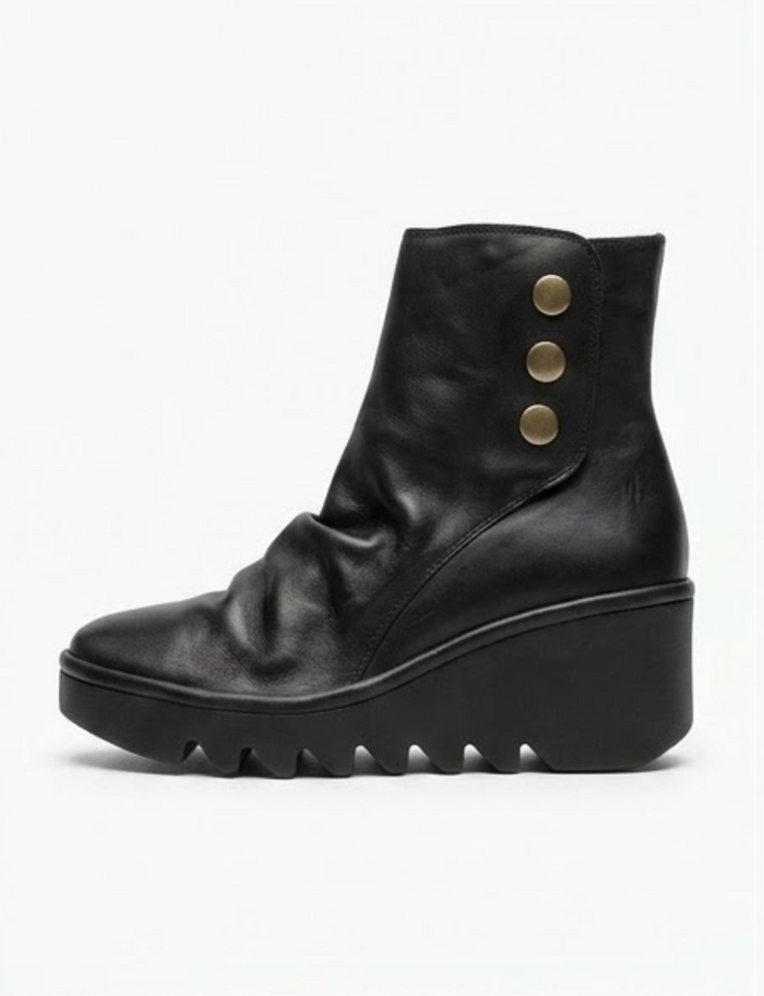 Fly London Black Leather Wedge Ankle Boots with Stud Detail