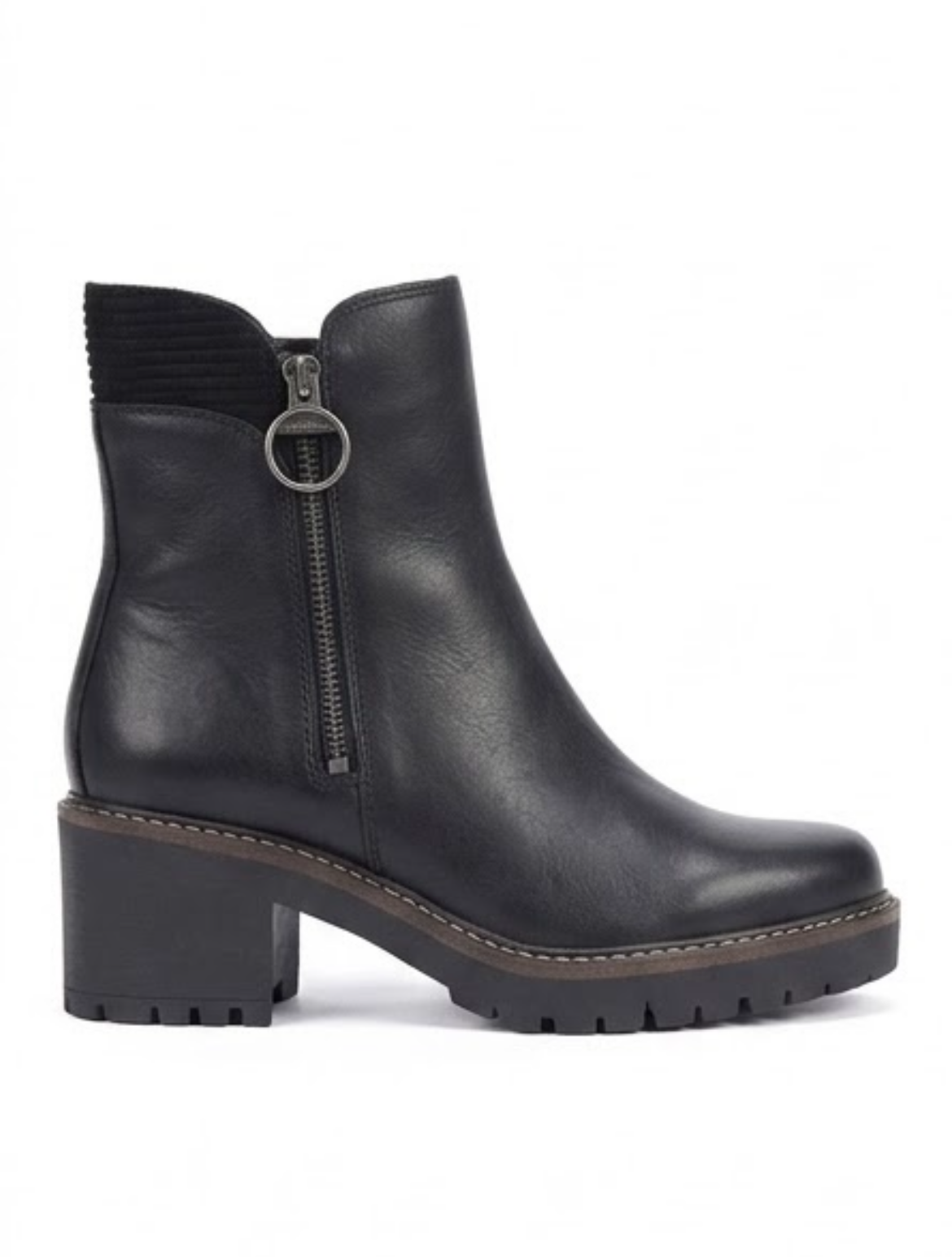 Barbour Black Leather Block Heel Ankle Boots with Ring Zip