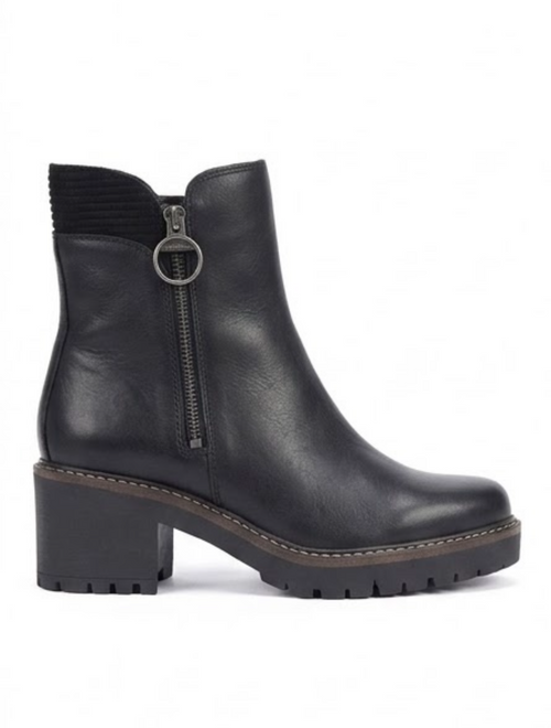 Barbour Black Leather Block Heel Ankle Boots with Ring Zip