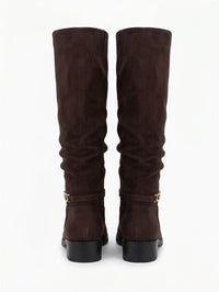 Primark Dark Brown Suede-Effect Slouch Knee-High Boots with Gold Buckle