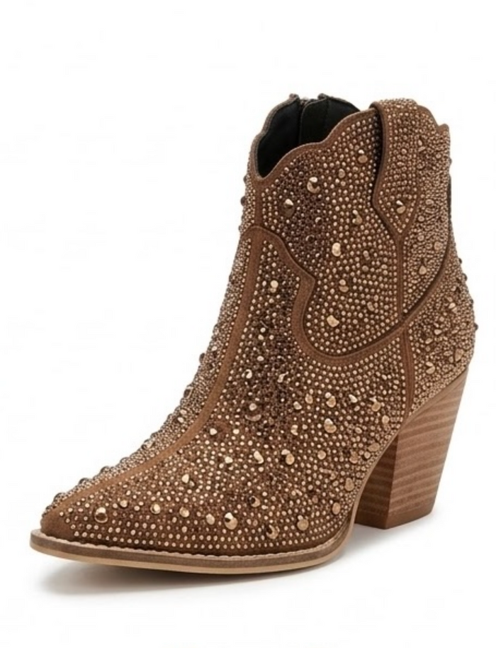 TU Bronze Embellished Western Block Heel Ankle Boots