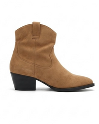 Papaya Camel Suede-Effect Western Block Heel Ankle Boots
