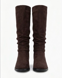 Primark Dark Brown Suede-Effect Slouch Knee-High Boots with Gold Buckle