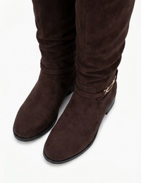 Primark Dark Brown Suede-Effect Slouch Knee-High Boots with Gold Buckle