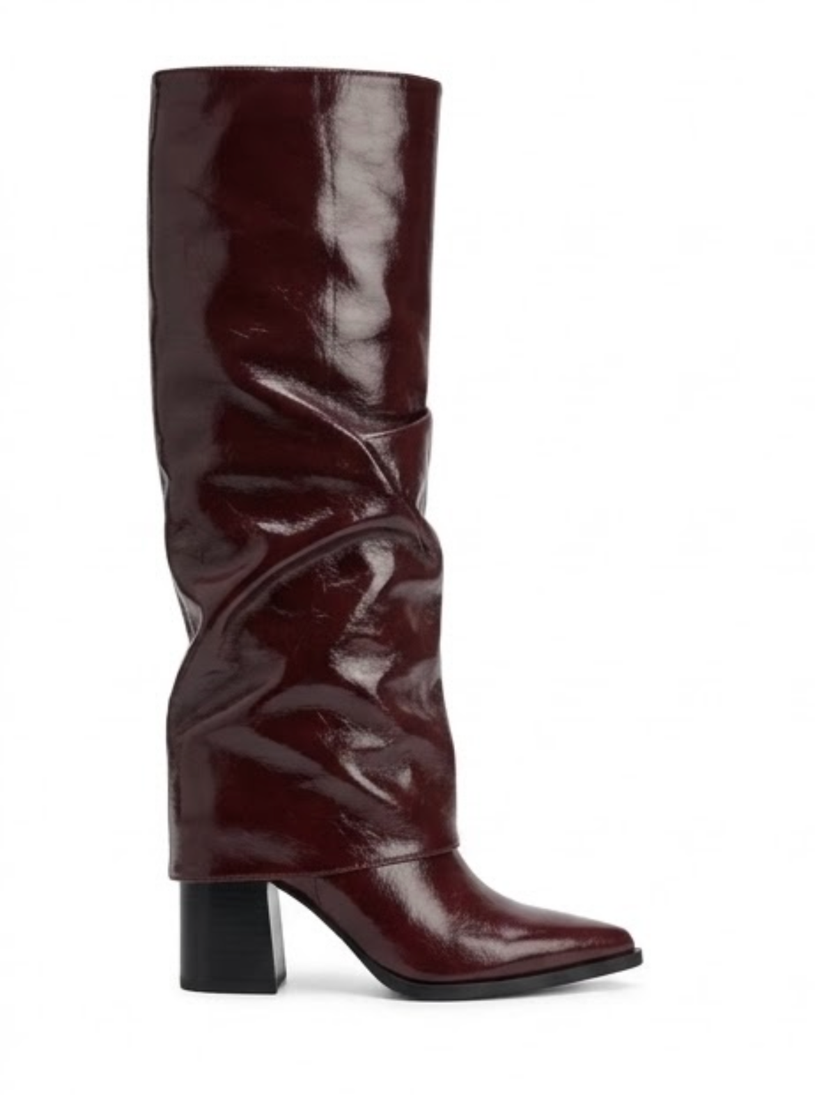 Pretty Little Thing Burgundy High-Shine Fold-Over Block Heel Knee-High Boots