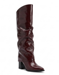 Pretty Little Thing Burgundy High-Shine Fold-Over Block Heel Knee-High Boots