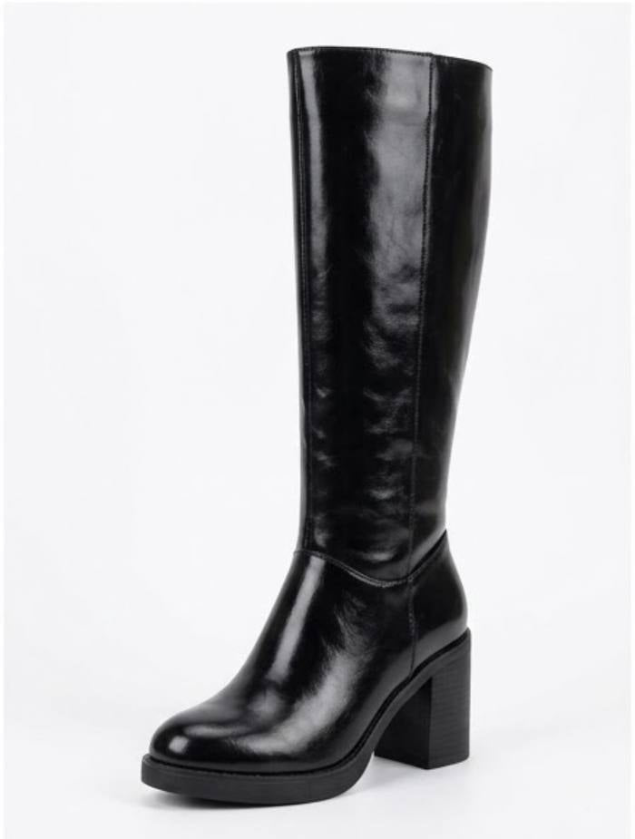 Boohoo Black High-Shine Block Heel Knee-High Boots