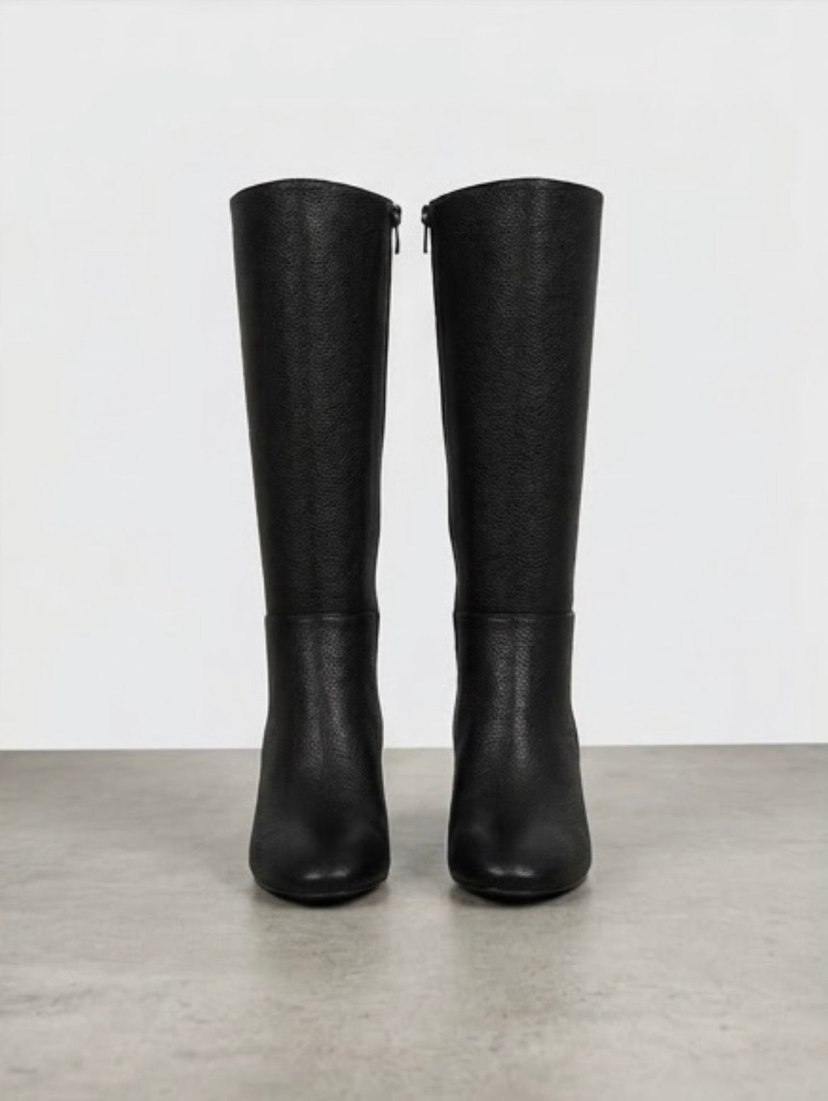 Boohoo Black Pebbled Knee-High Block Heel Boots, front view