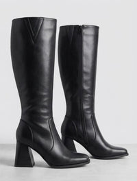 Pretty Little Thing Black Square Toe Knee-High Flared Heel Boots